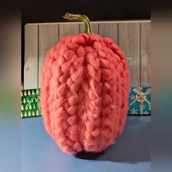 New**Chunky Knit Coral Pink Pumpkin Decor Near 12" Tall - Picture 1 of 6